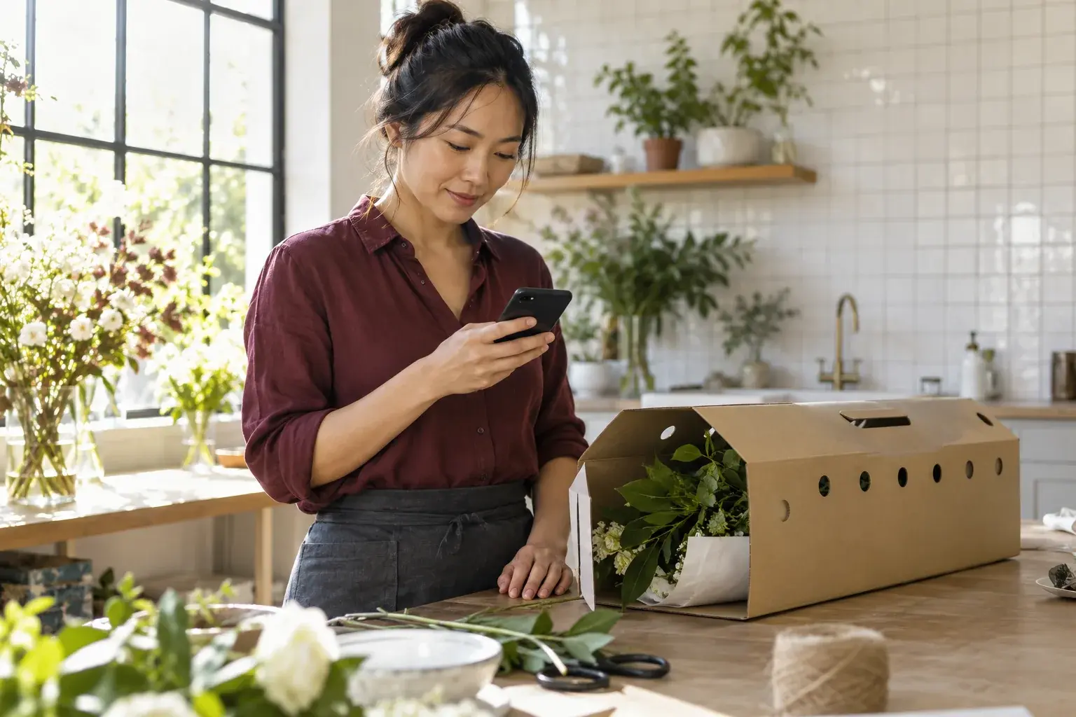 A florist checks a shipment update beside a prepared flower order.