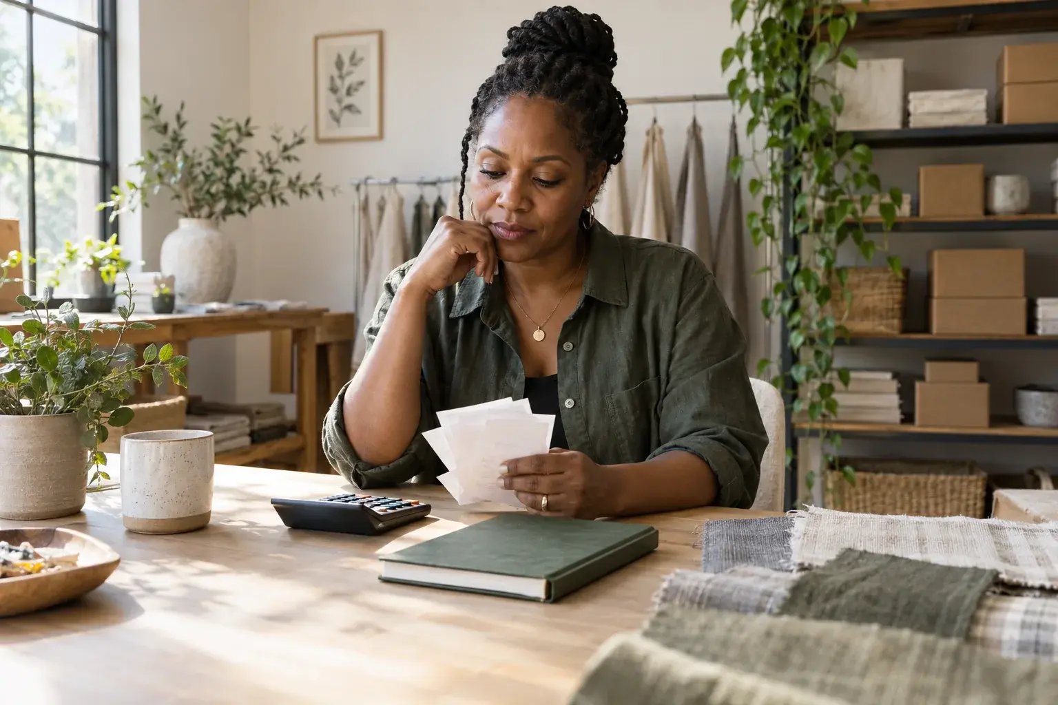 Une cheffe d’entreprise examine ses dépenses dans son atelier.
