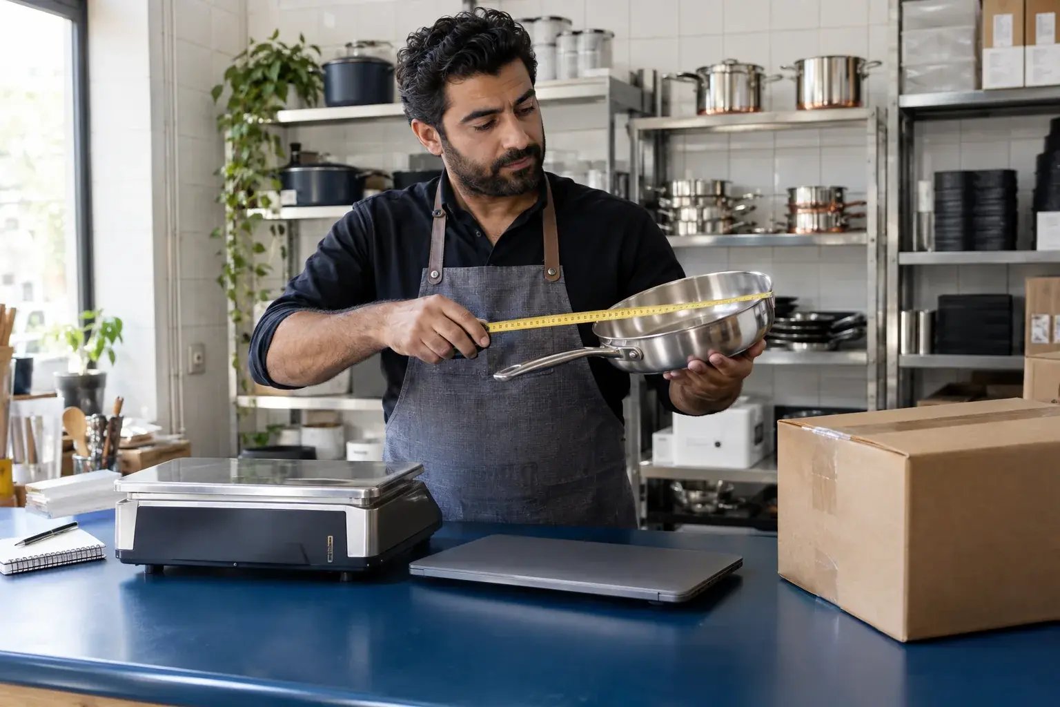 A cookware merchant checks shipment dimensions for online delivery pricing.