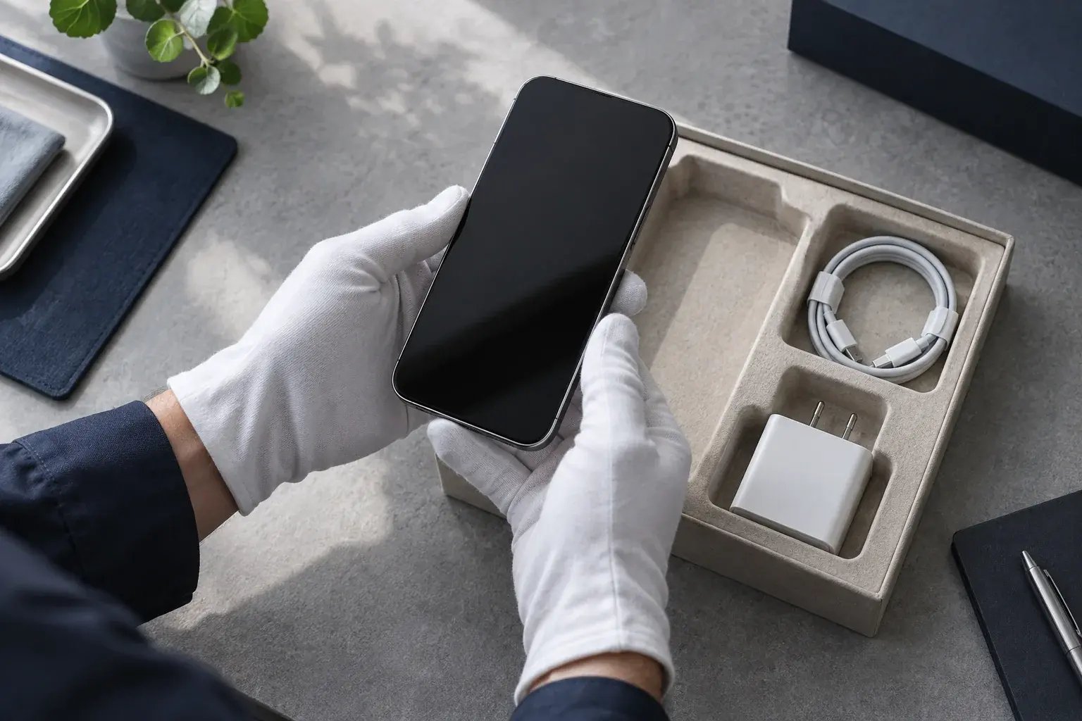 Téléphone reconditionné soumis à une dernière vérification avant emballage.