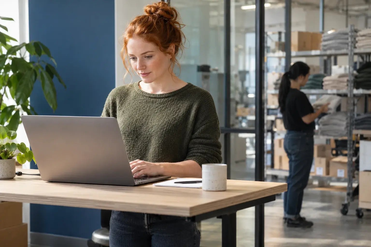 Une développeuse travaille près de l'équipe d'entrepôt sur des outils d'expédition connectés.