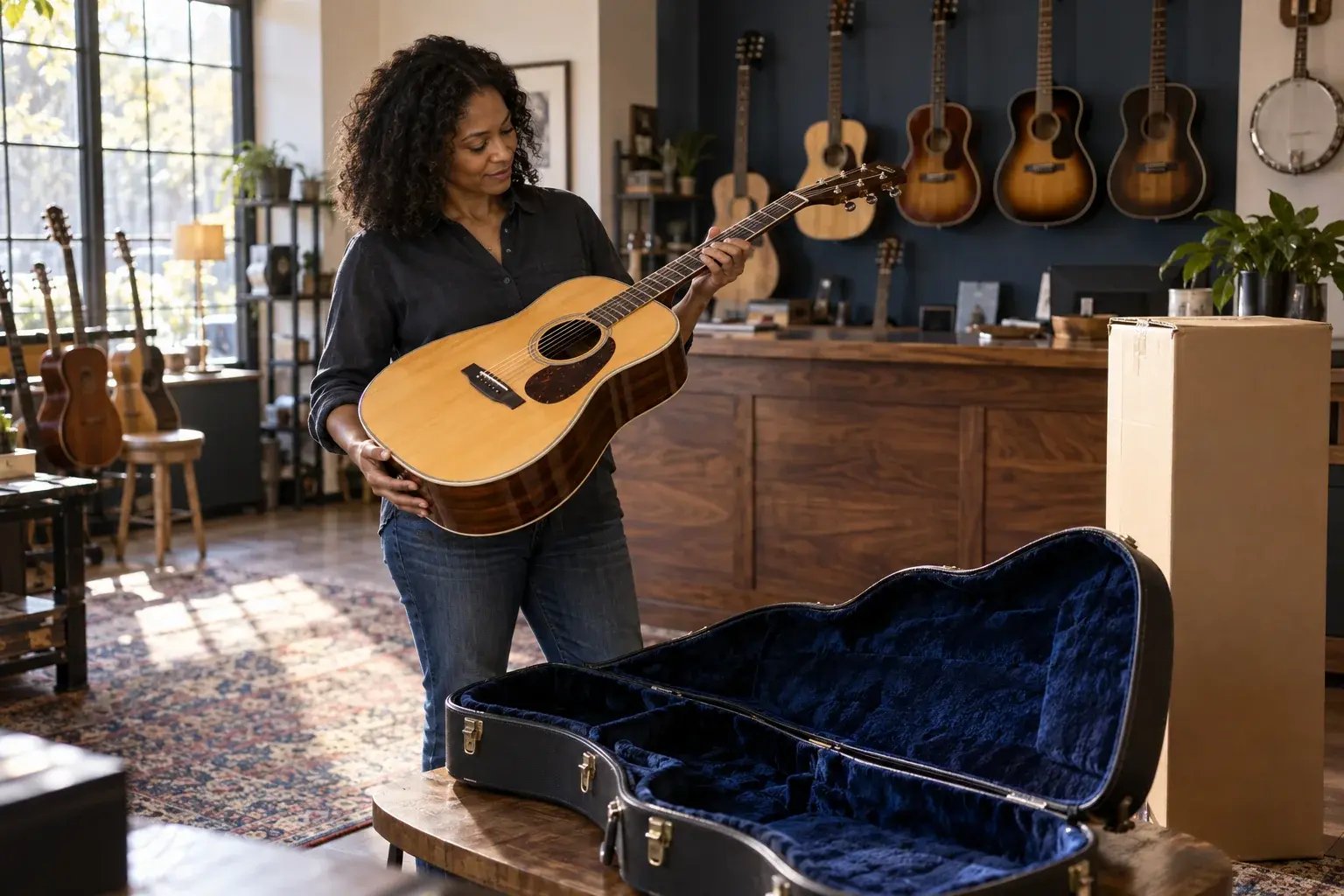 Vendeuse d’instruments inspectant une guitare acoustique dans son magasin.