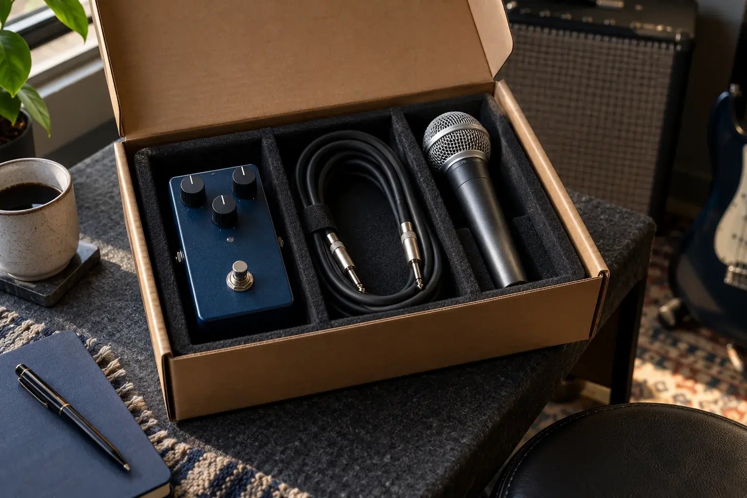 Accessoires de musique protégés dans des compartiments rembourrés.