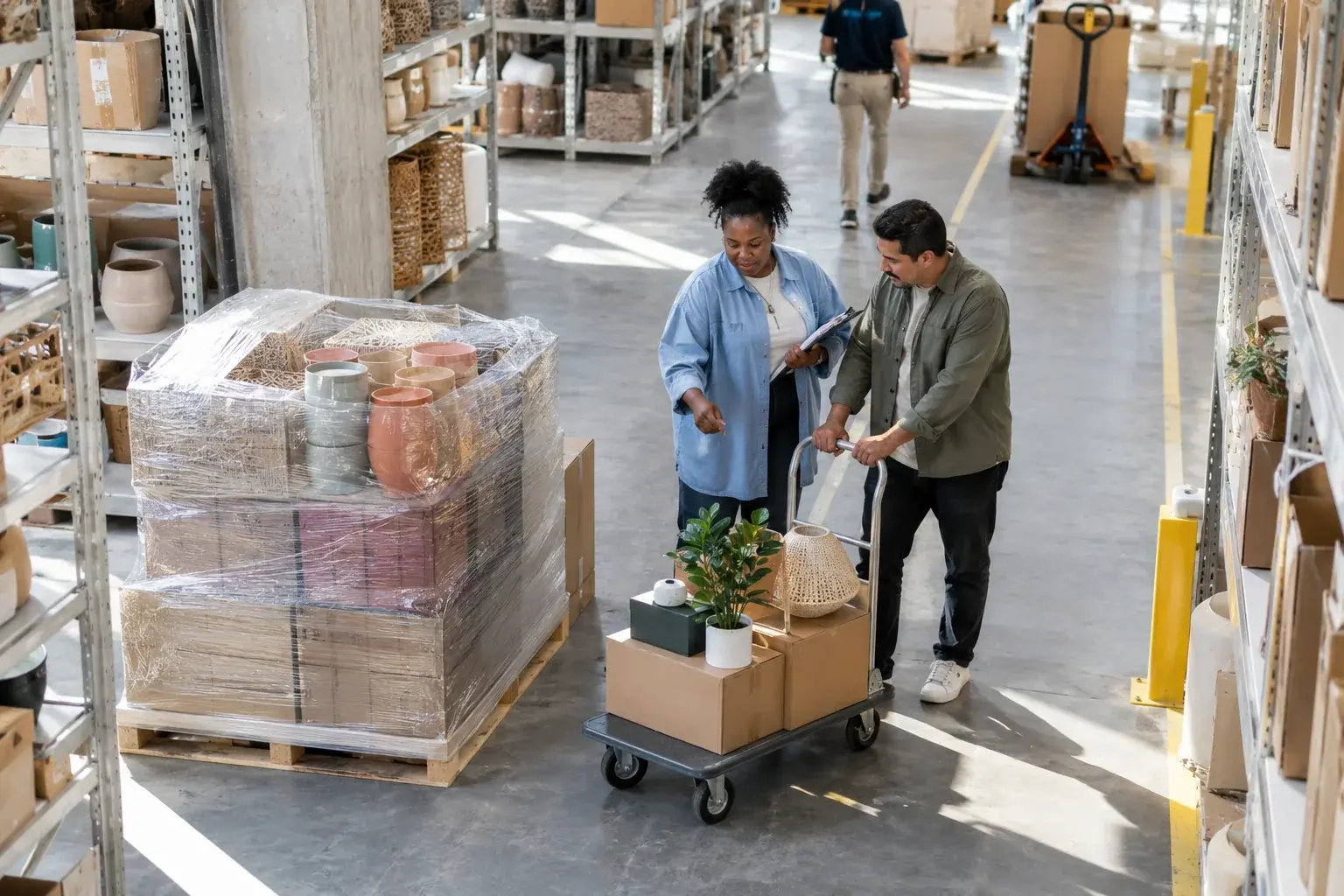 Logistics colleagues preparing parcels and a pallet in a bright warehouse.