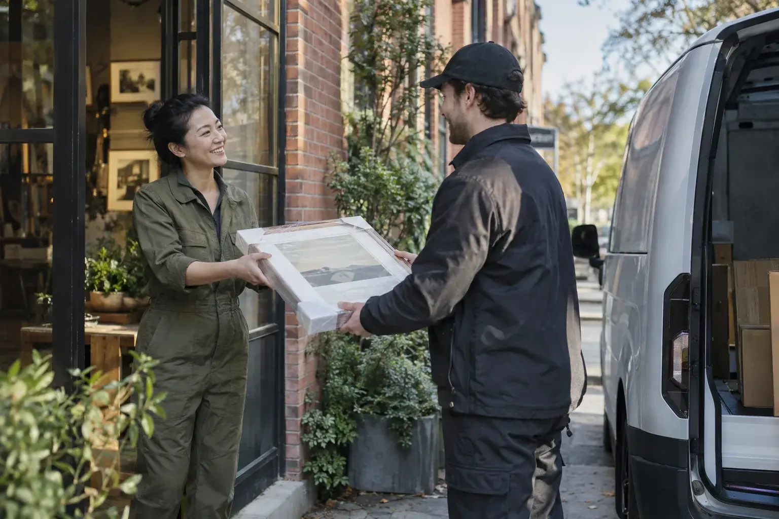 A business owner hands a protected print shipment to a courier.