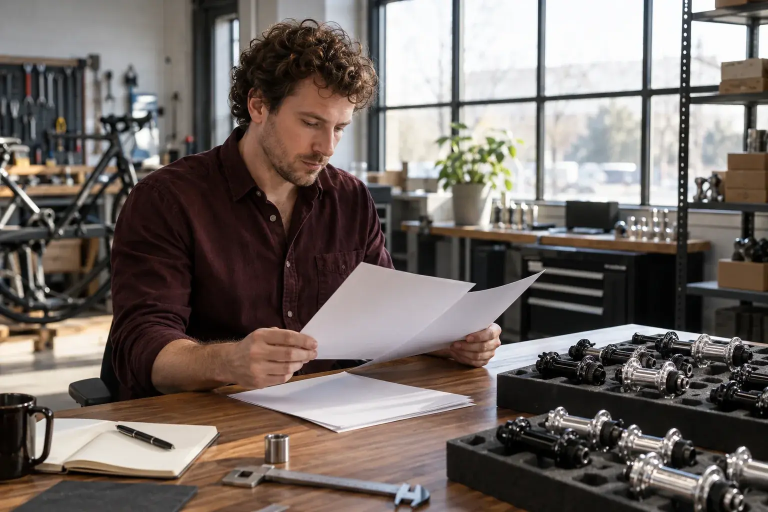 A bicycle-parts exporter checks product details and commercial paperwork.