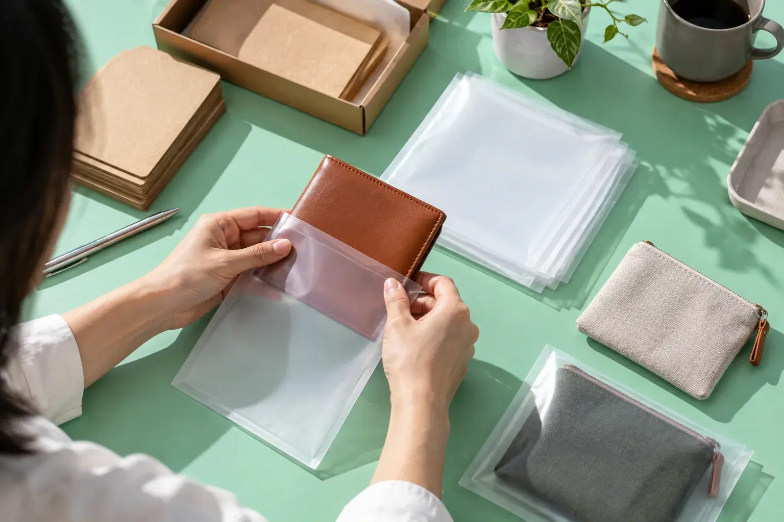 Leather accessories are organized in protective sleeves for cross-border orders.