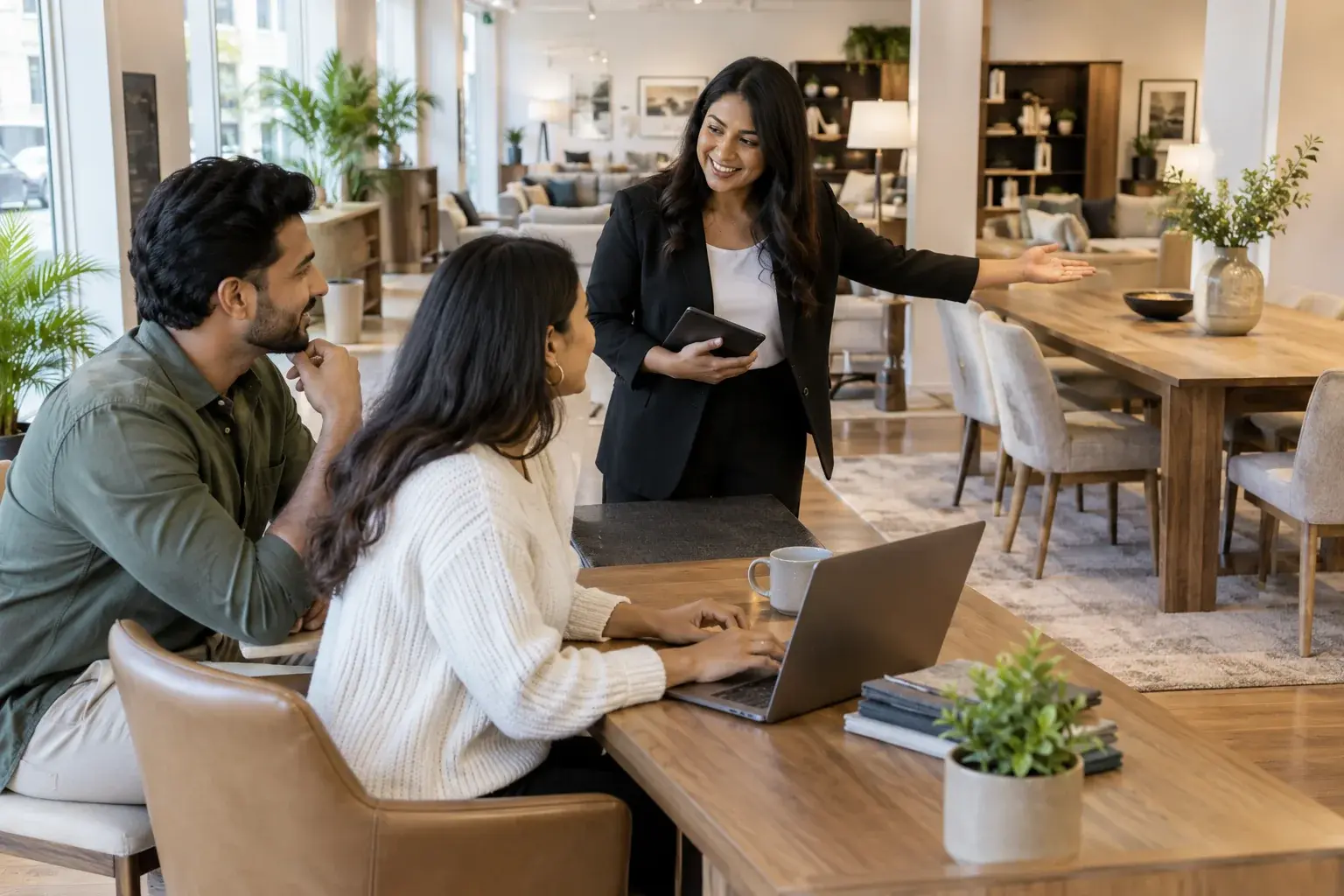 Furniture shoppers discuss delivery options with a merchant.