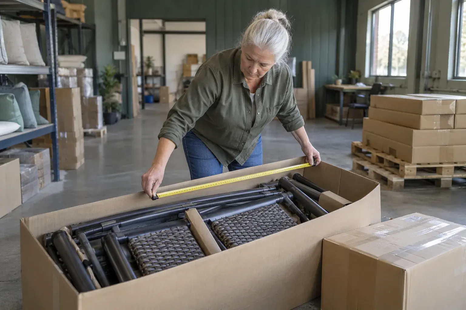 A merchant measures a furniture shipment to prepare delivery choices.