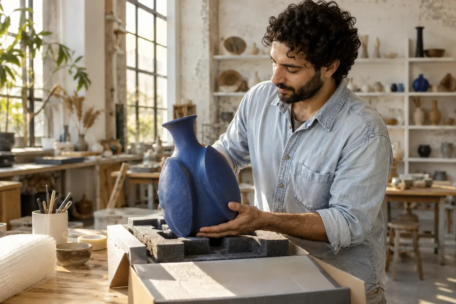 A ceramic artist protects a blue vase for an international shipment.