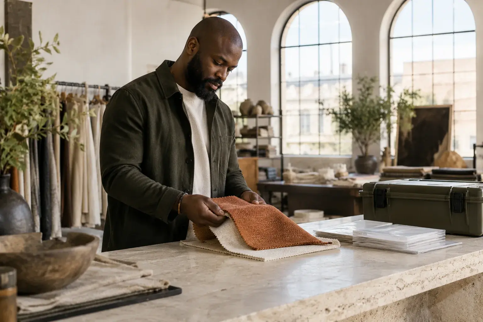 A textile exporter organizes fabric samples and shipment documents.