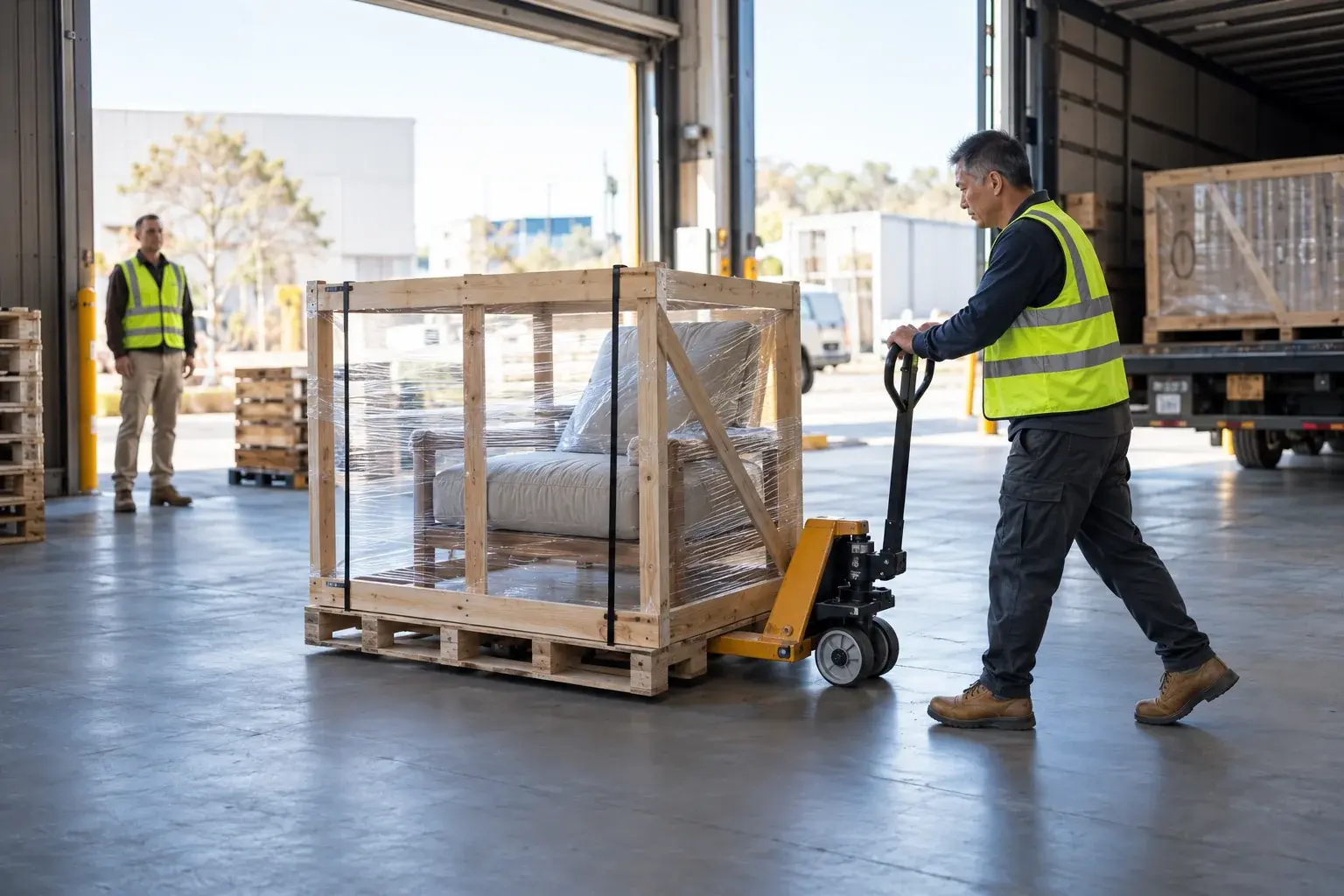 A warehouse operator moves a crated furniture pallet through a loading bay.