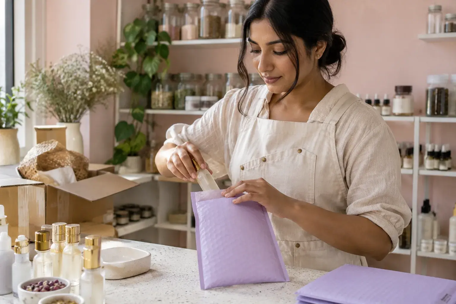 A skincare business owner prepares glass bottles for parcel shipping.