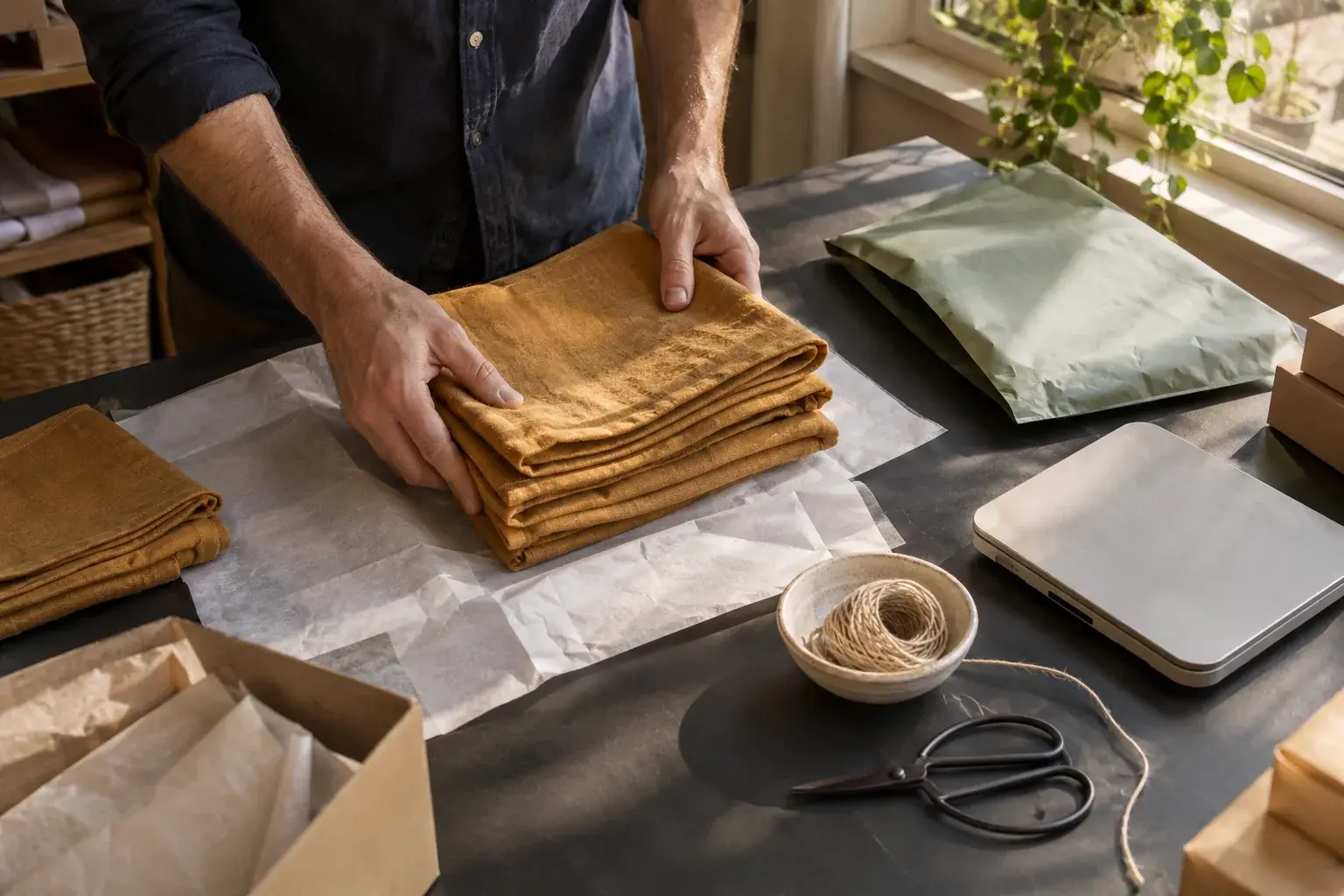 Linen towels are prepared beside a shipping scale.