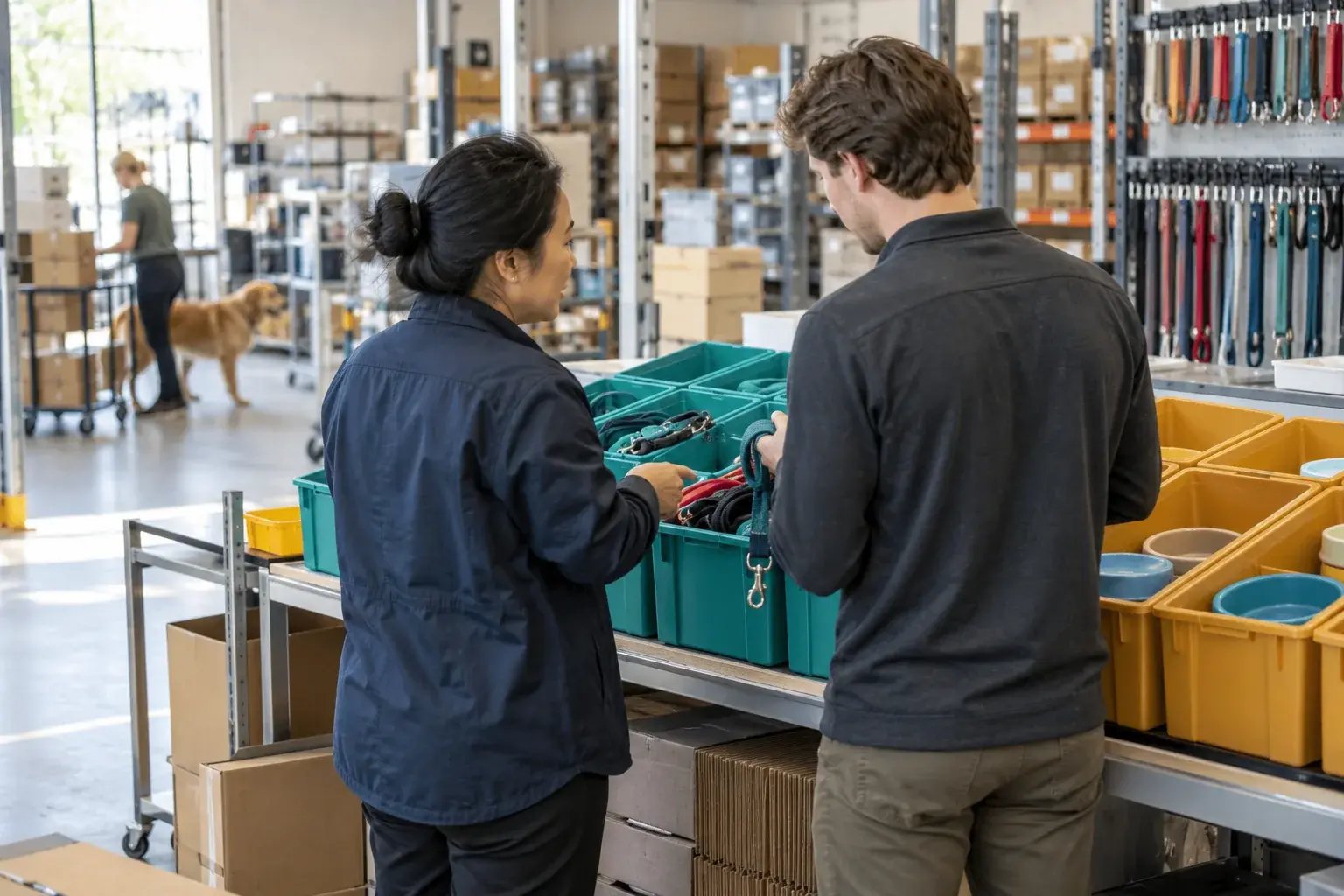 Operations colleagues coordinate consistent shipping decisions at a workstation.