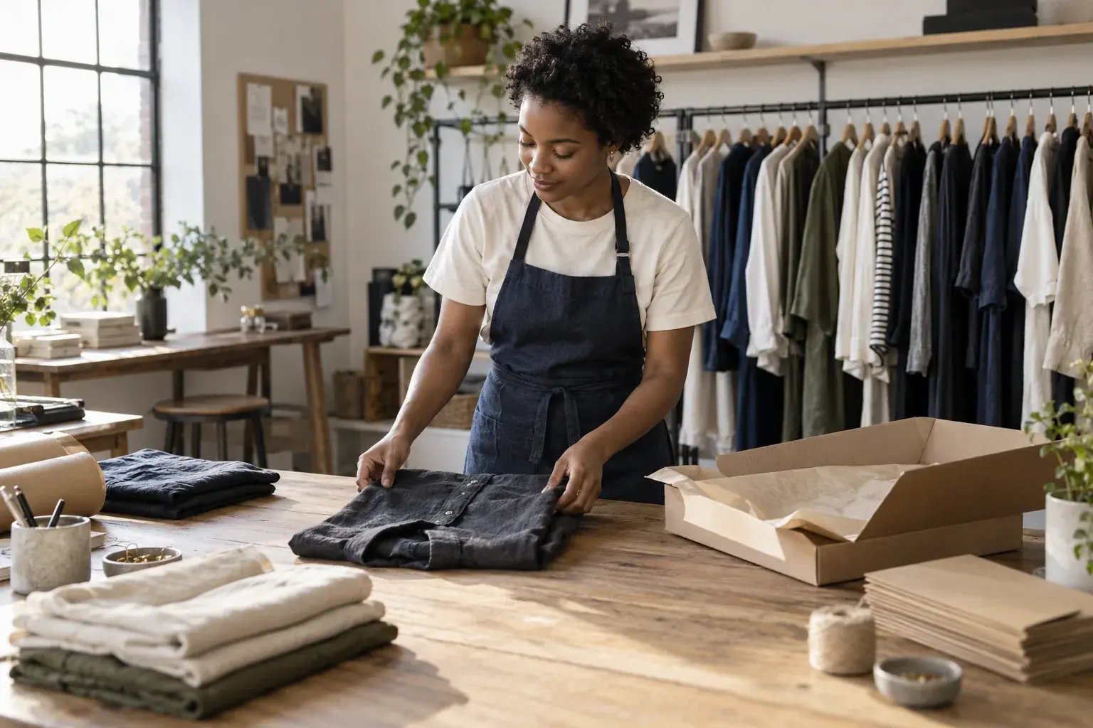 Créatrice de vêtements pliant une chemise en lin dans son atelier.