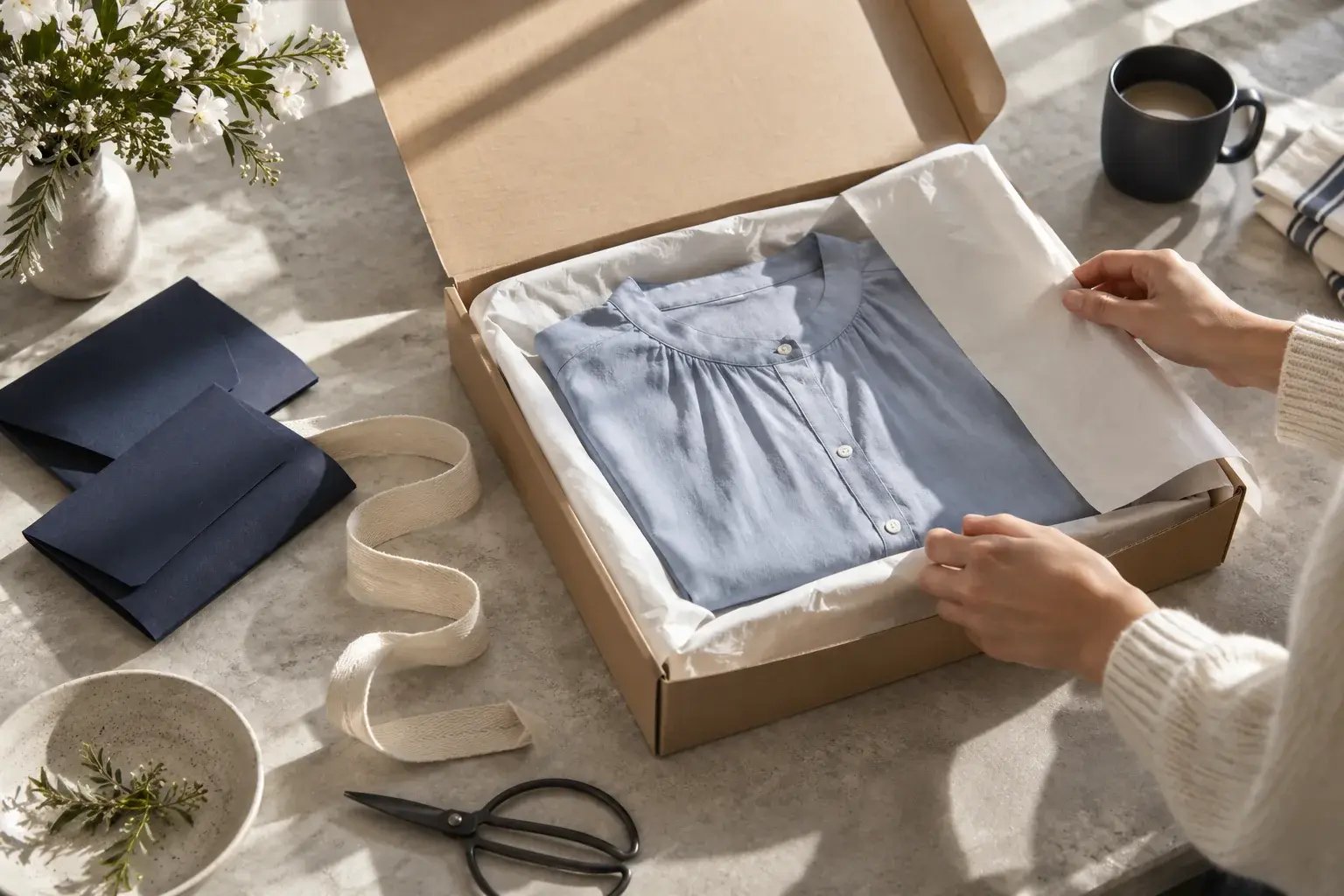 Chemisier en coton plié dans un emballage recyclable prêt à expédier.