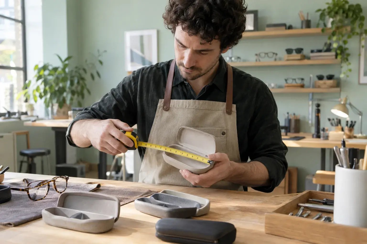 Un fabricant de lunettes mesure un étui pour choisir l'emballage adapté.