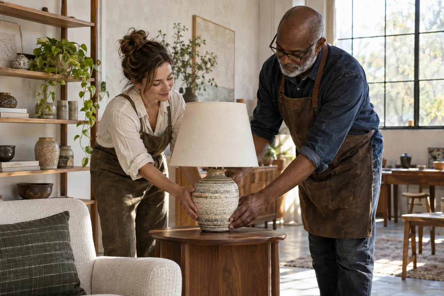 Independent business owners collaborating around home products.