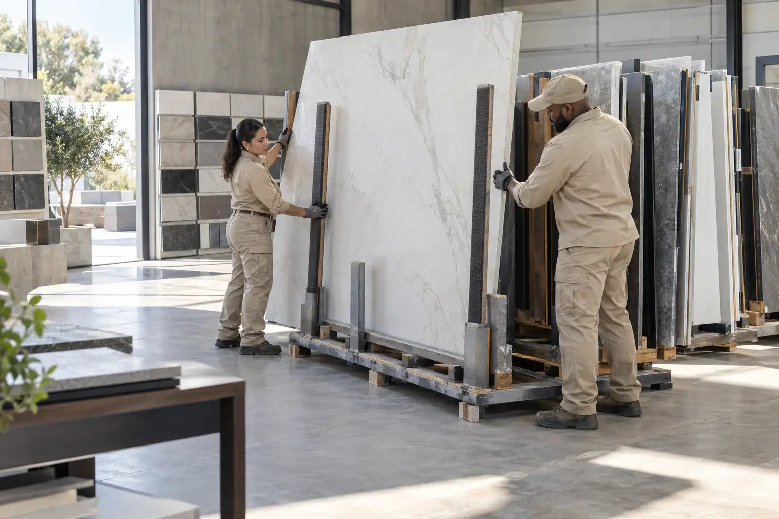 Building-supply team preparing a stone slab for protected transport.
