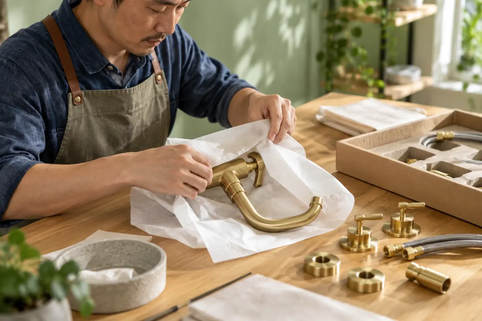 Fixtures merchant protecting a brass faucet set for delivery.