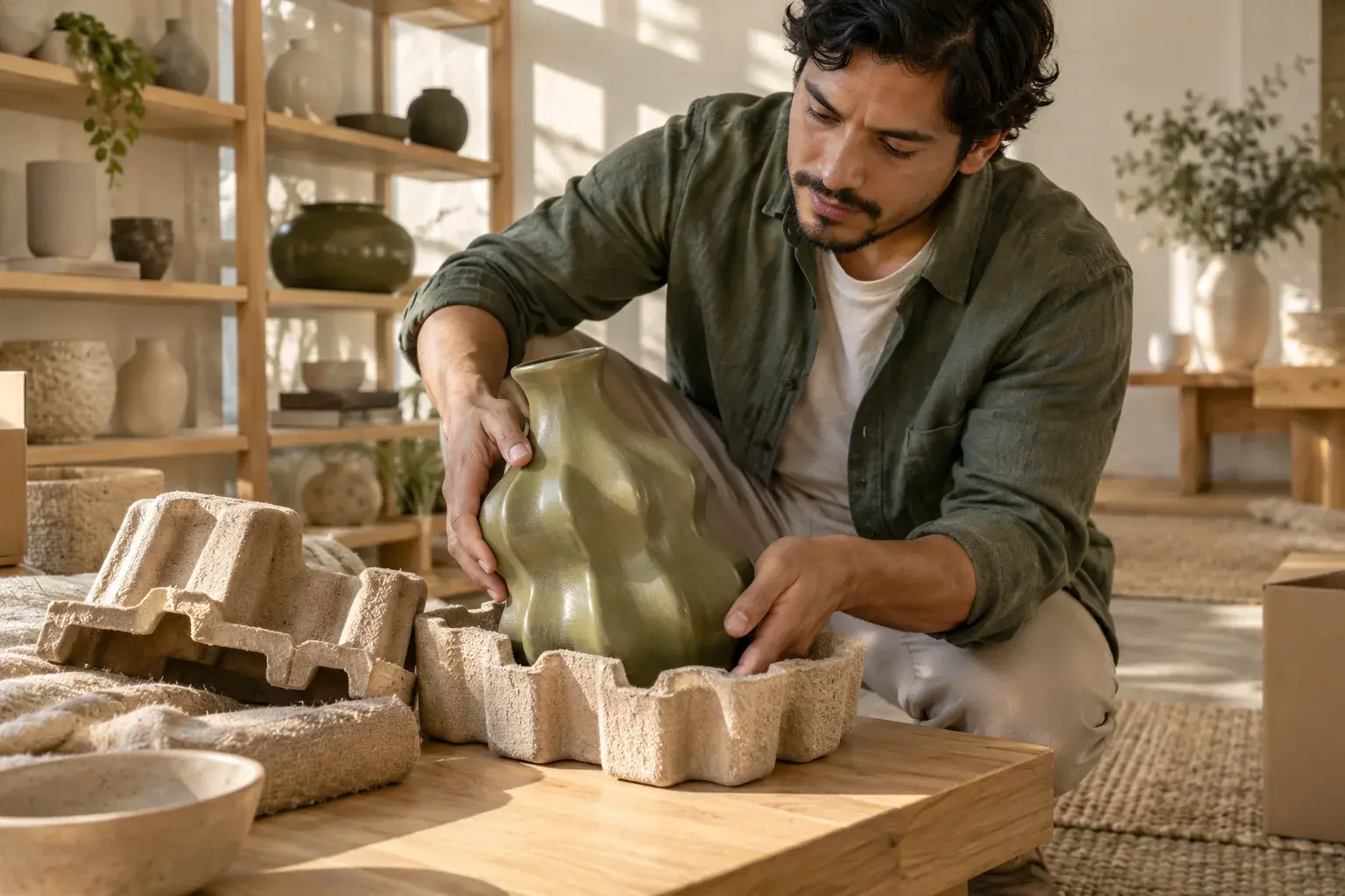 Home-goods merchant protecting a ceramic vase for shipping.