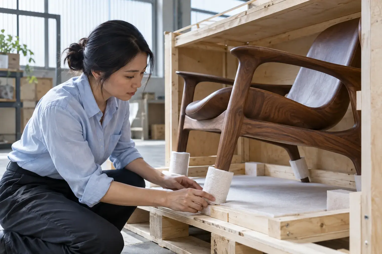 Une commerçante en mobilier sécurise un fauteuil en noyer pour le transport.