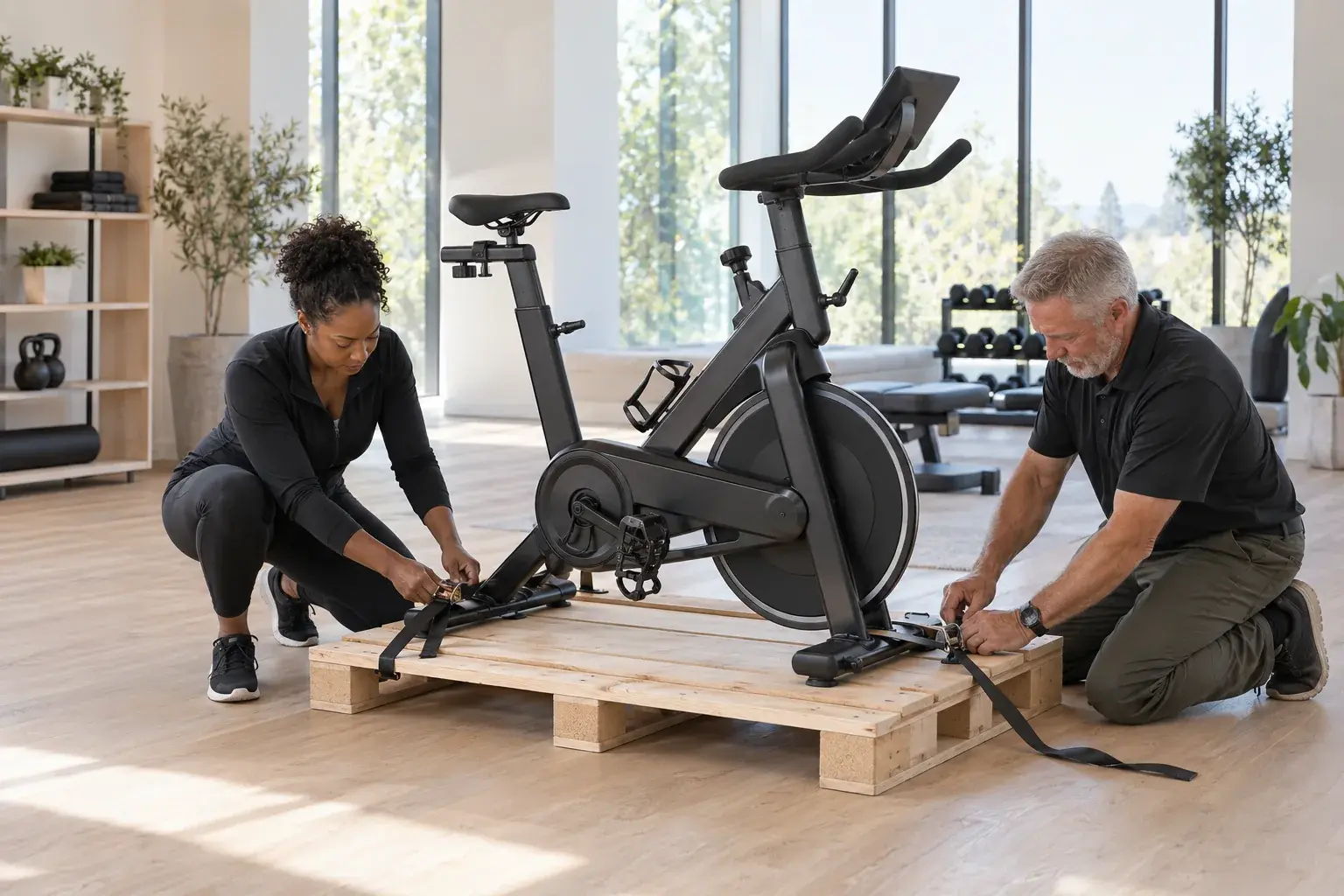 Une équipe de fitness prépare un vélo d’exercice pour une livraison à domicile.