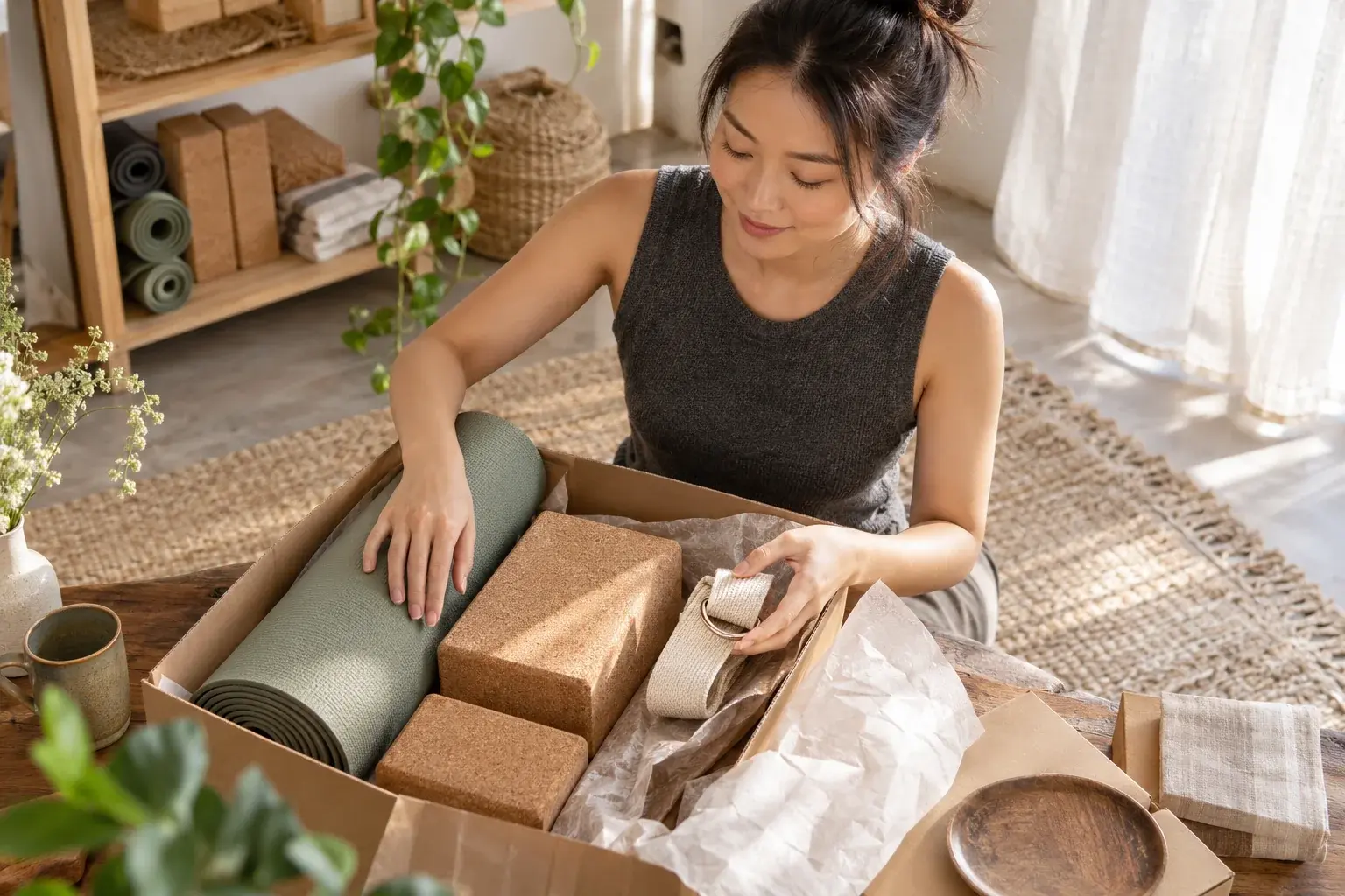 Une commerçante en bien-être prépare des accessoires de yoga pour une cliente.