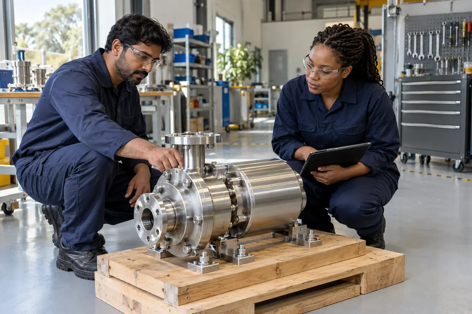 Industrial team checking precision equipment on a shipping base.