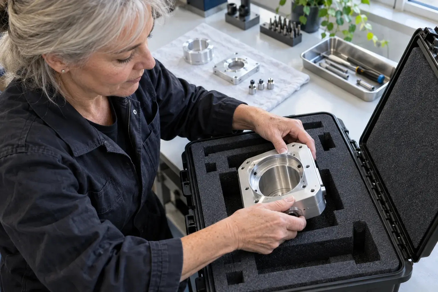 Specialist placing a precision component in a fitted transport case.