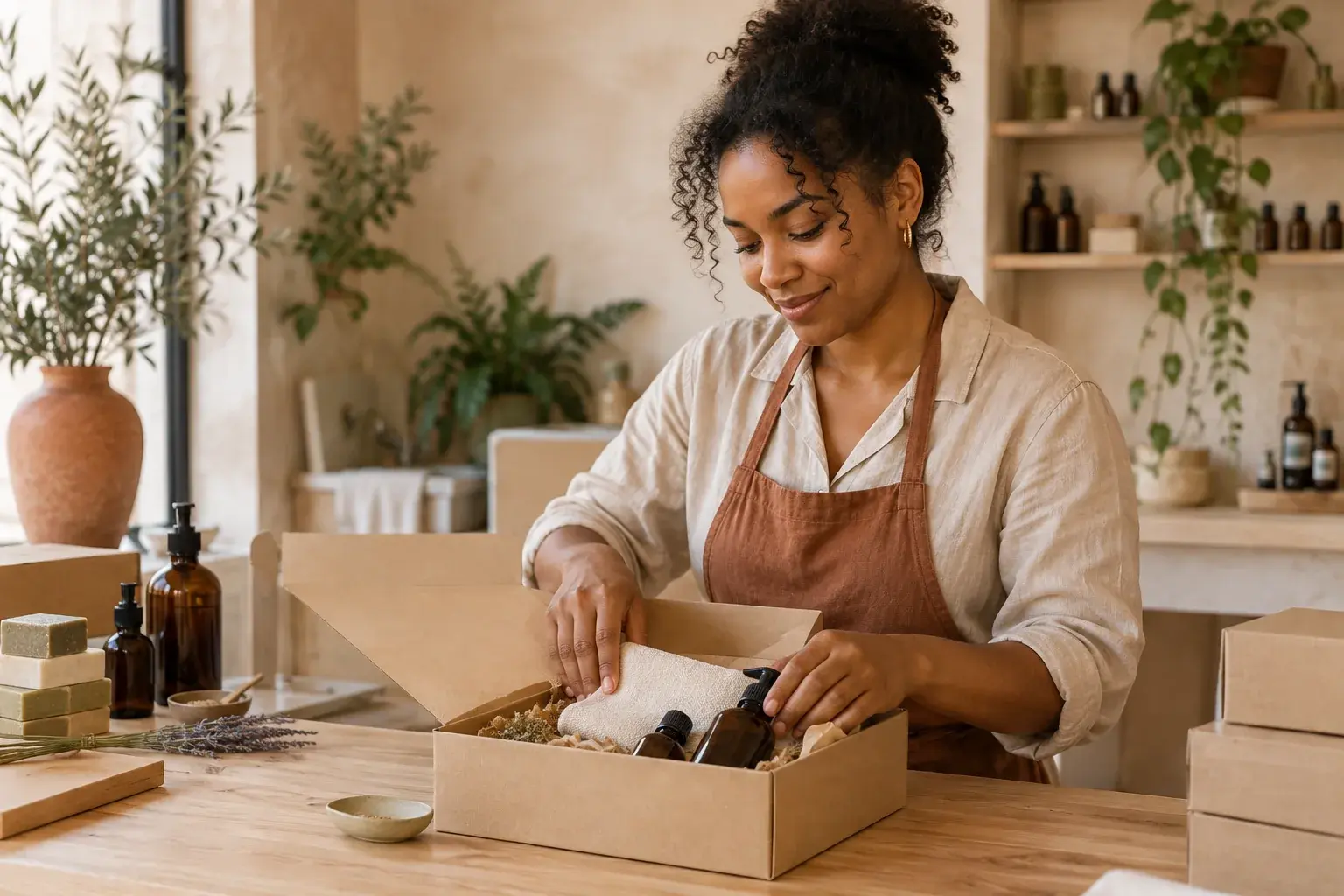Small-business founder preparing a self-care order in her studio.