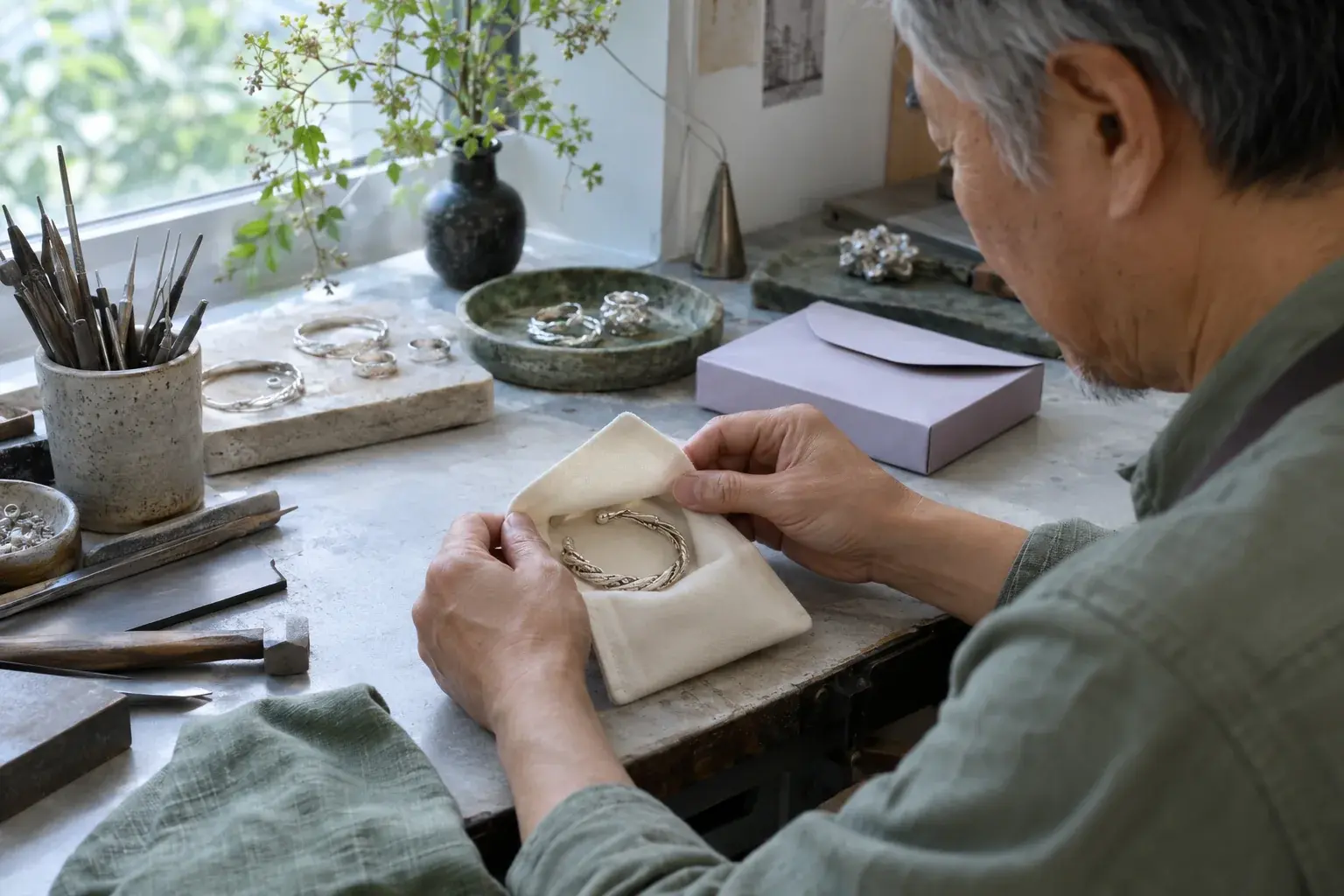 Independent jeweler preparing a handmade bracelet for delivery.