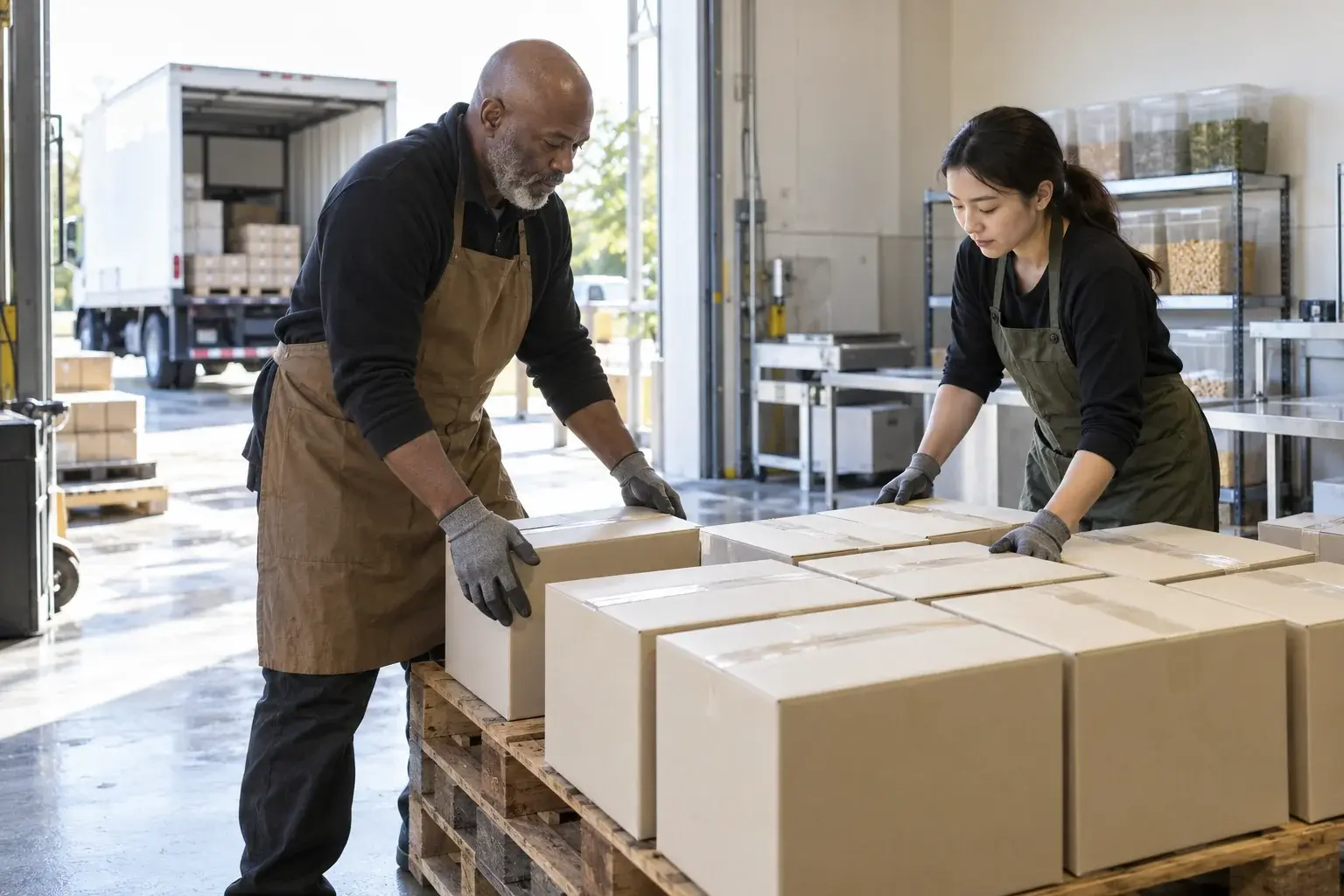 Distribution team organizing wholesale cases for dispatch.
