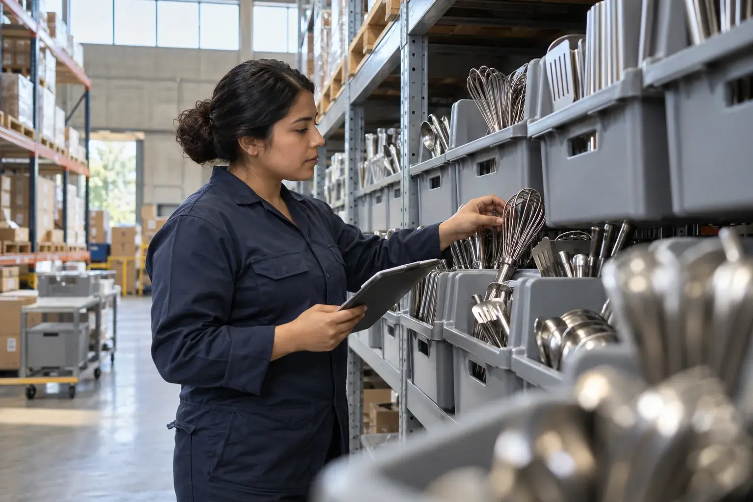 Wholesale supervisor checking kitchenware replenishment orders.