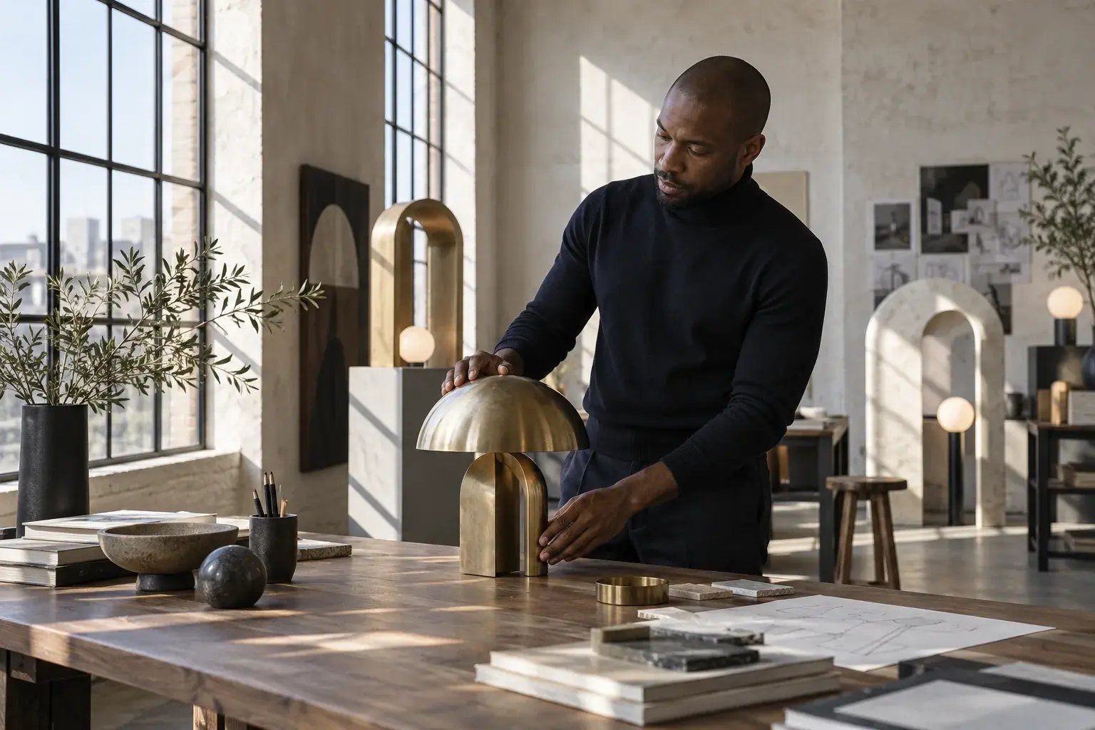 Designer examinant une lampe sculpturale en laiton dans son atelier.