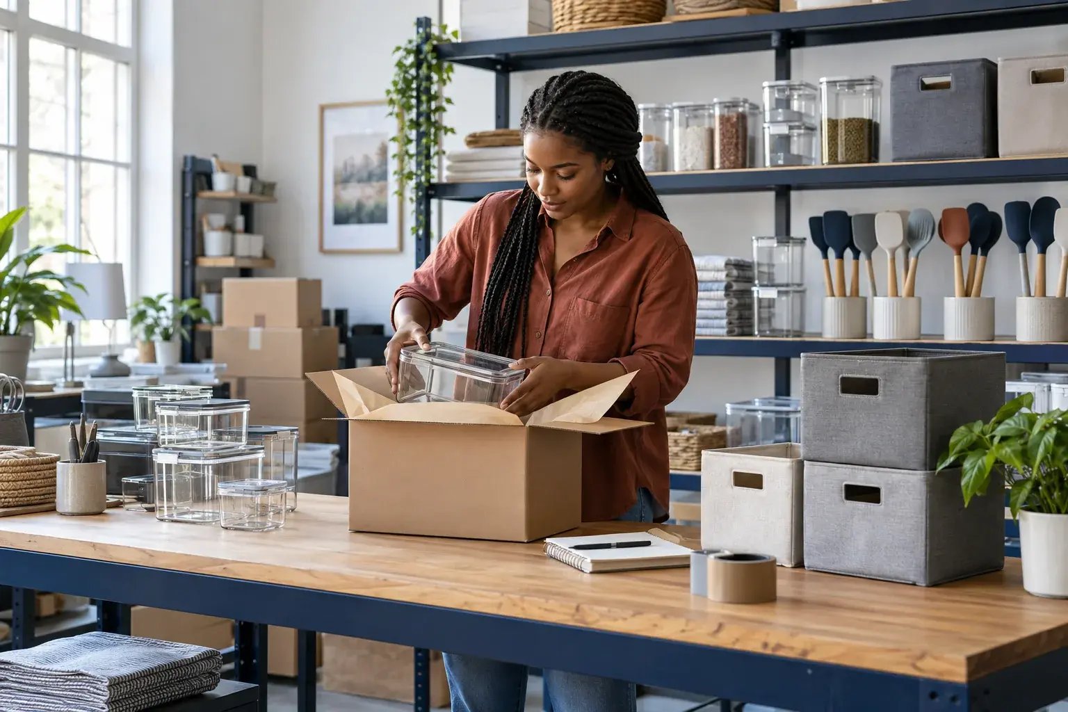 Household-product merchant packing an order at her workbench.