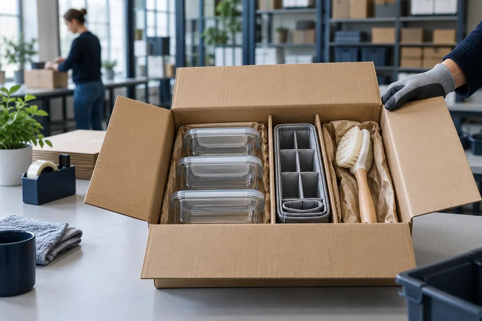 Household organizers and cleaning tools packed with paper dividers.