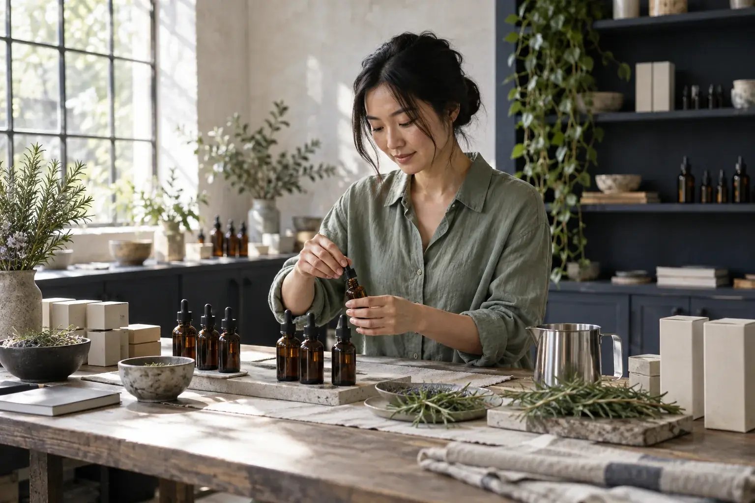 Botanical skincare founder preparing amber bottles in her studio.