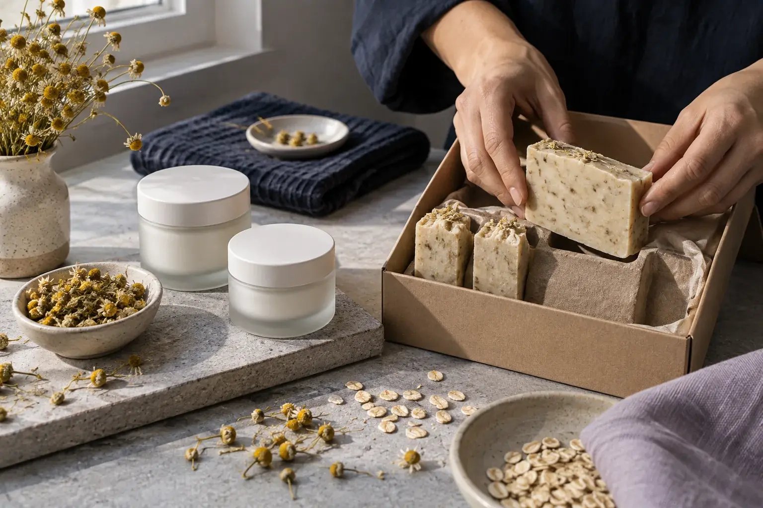 Botanical soap and cream jars arranged for protective packing.