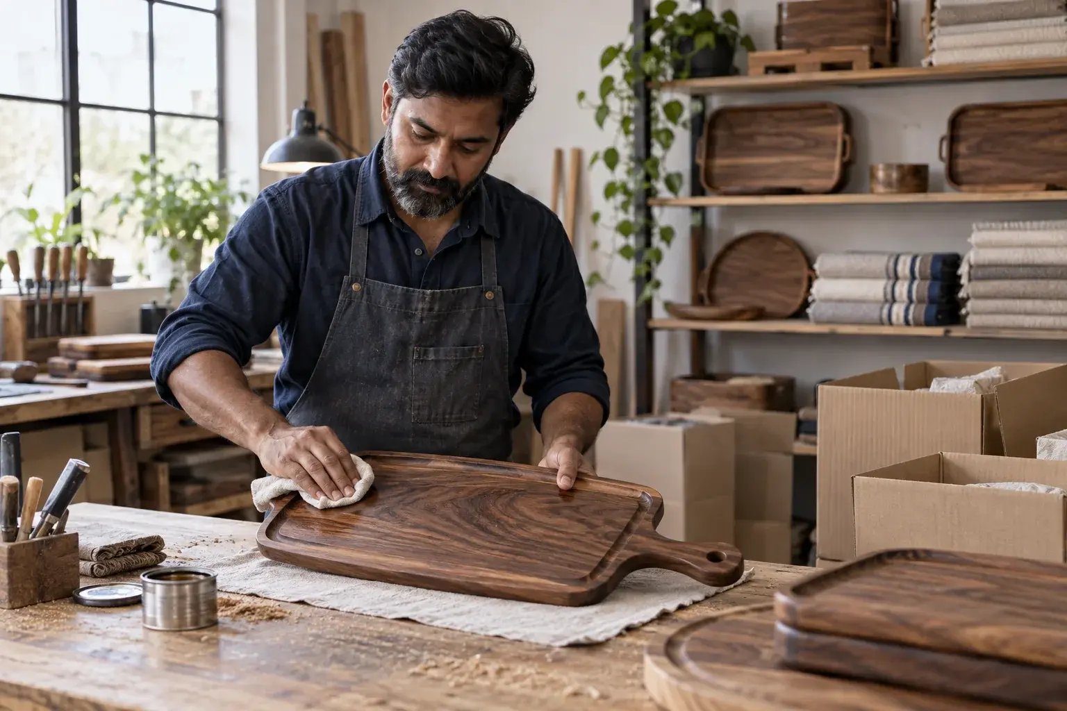 Artisan finissant une planche de service en noyer dans son atelier.