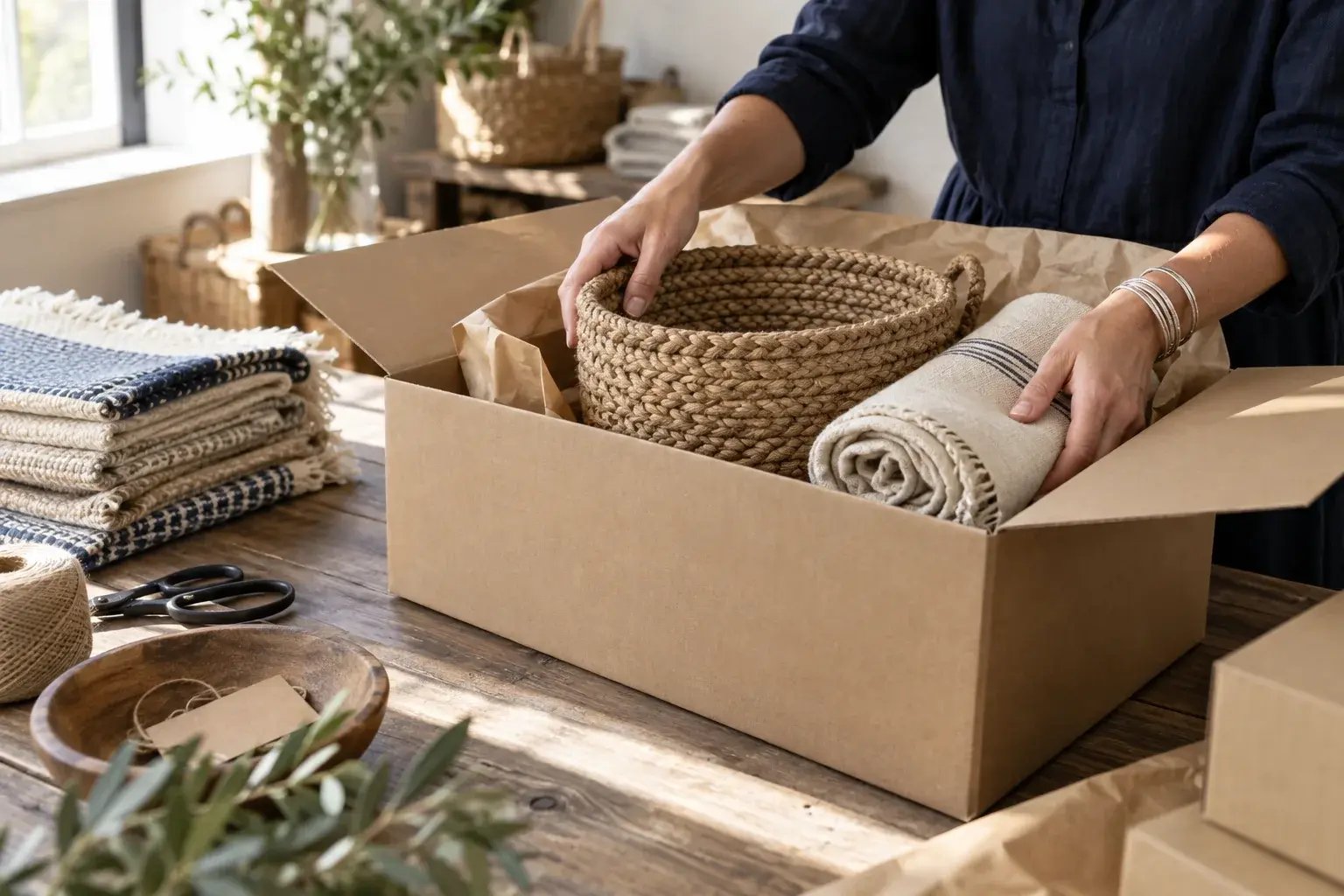 Articles pour la maison tissés à la main, protégés pour l’expédition.