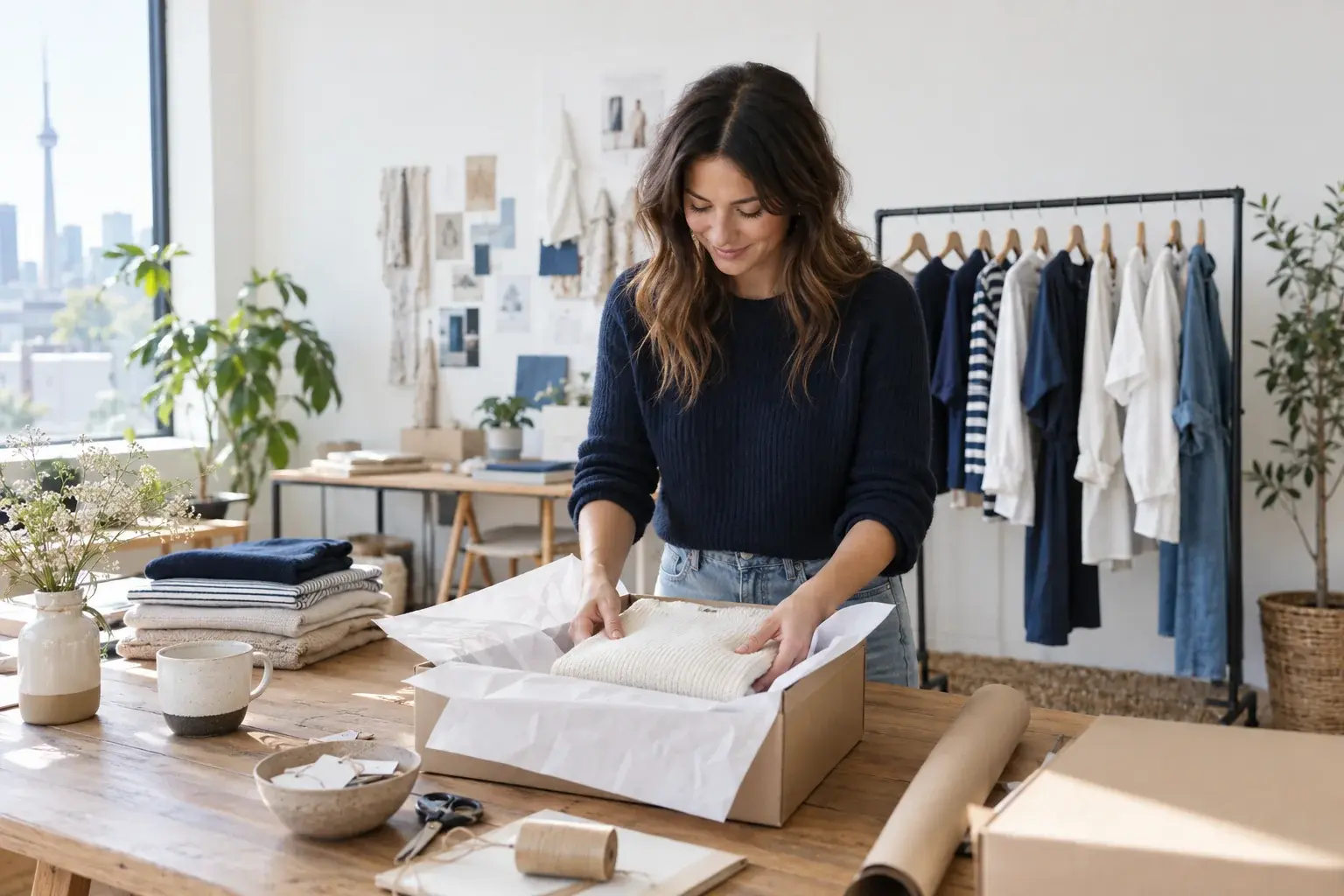An apparel merchant prepares a sweater for shipping
