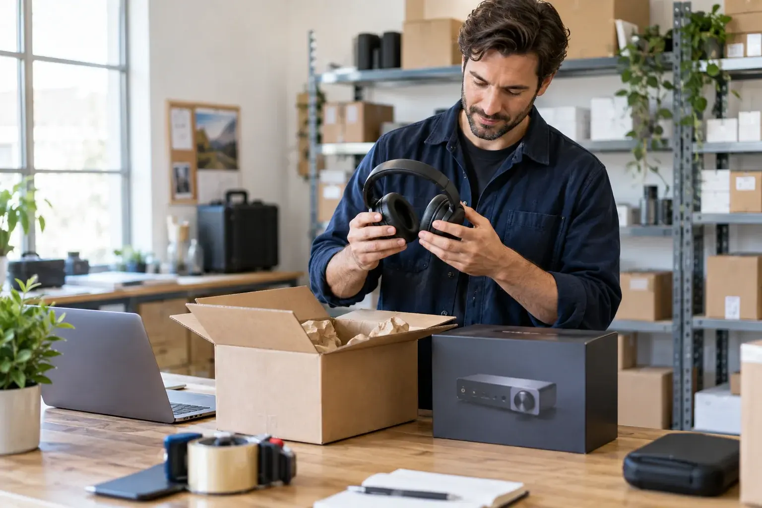 An electronics merchant prepares a boxed product