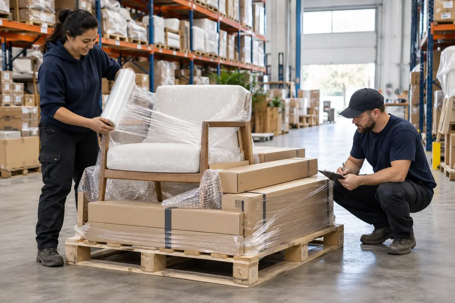 Warehouse colleagues protect furniture on a pallet