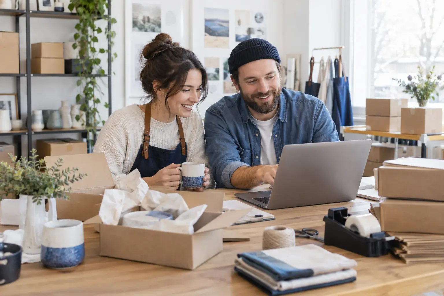 Business owners review orders at a packing bench