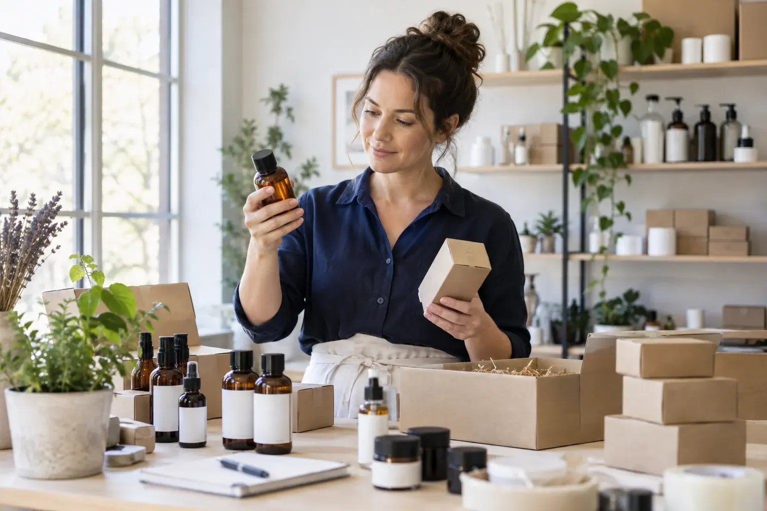 A skincare founder checks a product and its packaging