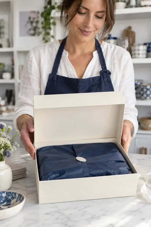 A carefully prepared boutique order with navy tissue paper