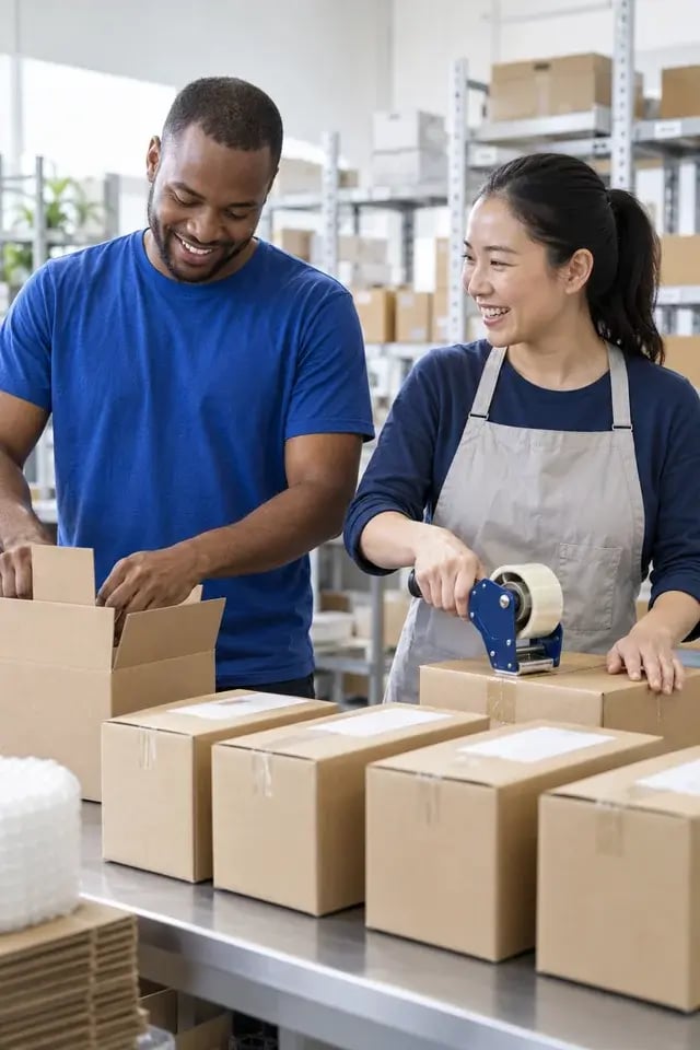 Two teammates preparing a batch of customer packages