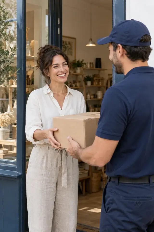 A shop owner handing a package to a courier